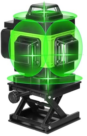 Laser Lever with Tripod, 4 x 360° Rotary Laser Level Self Levelling 16 Green Cross Line Horizontal, with 2 * 2400mAh Batteries, Wall Mount Bracket, Remote Control