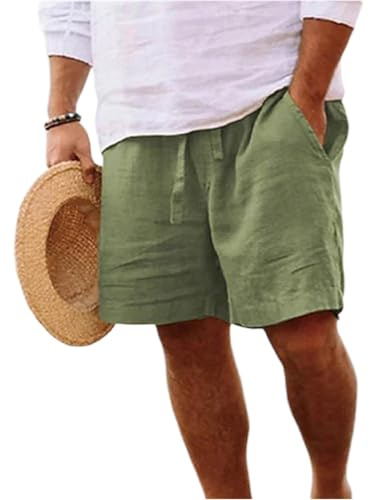 Short Lin en Coton Homme Été Léger Ample Shorts Et Bermudas Sport Cordon Décontracté avec Poches À La Taille Élastique Pantalon pour Jogging, Loisirs, Marche, Plage, Voyage