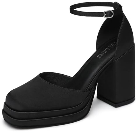 CELLENZ Women Chunky High Heels: Closed Toe Strappy Platform Heel - Black Dress Party Casual Shoes - Pumps Comfortable Graduation Formal Size 8.5