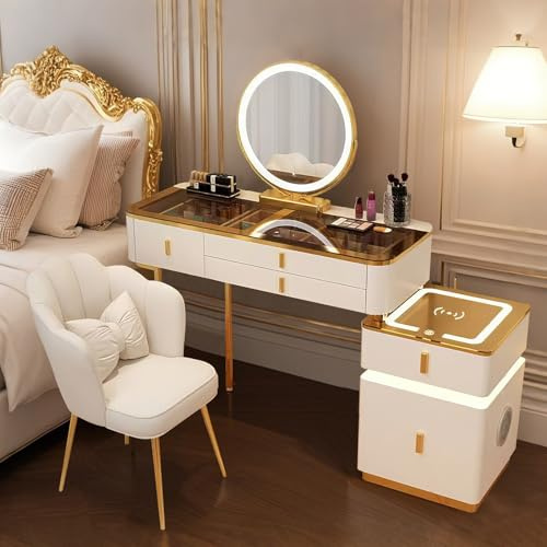 Makeup Vanity Desk with Mirror and Lights, White/Gray Dressing Table Set with Drawers Makeup Table with Chair, Bedroom Storage Legs Dresser Tables for Girl Woman (White + Gold, 100CM)