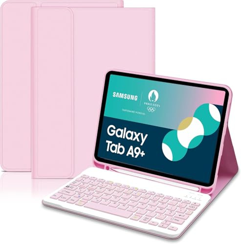Coque Clavier pour Samsung Galaxy Tab A9+ 2023 11 Pouces (SM-X210/X216/X218), AZERTY Français Étui Clavier Magnétique Bluetooth sans Fil Etui Housse avec Pen Holder pour Samsung Tab A9 Plus-poudré