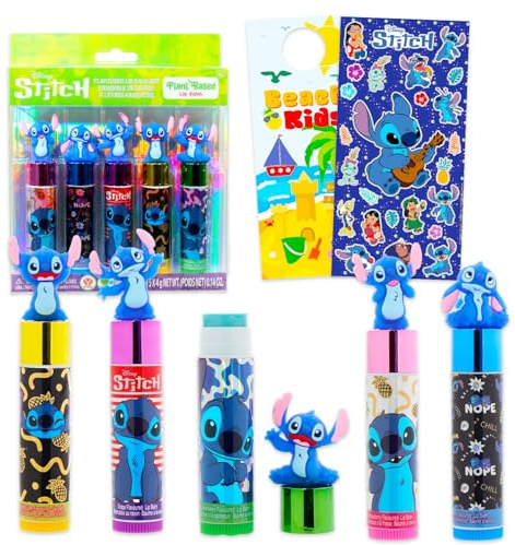 Stitch Lip Balm Tubes for Girls – Bundle with 5 Tubes of Plant Based Lip Balm in Assorted Flavors with Figurine Toppers Plus Stickers, More | Stitch Party Favors