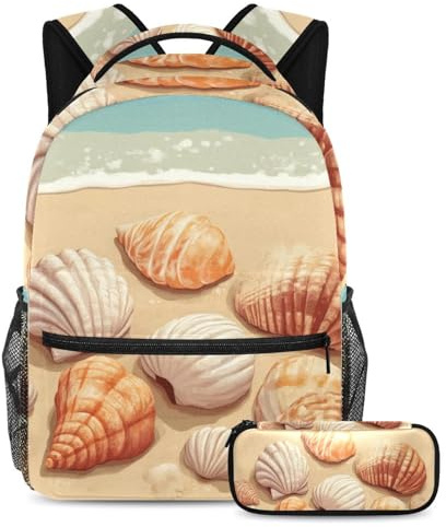 VAPOKF Ensemble cartable coquilles sur sable pour adolescentes, filles, garçons, enfants, sac à dos avec trousse à crayons pour école primaire, secondaire, lycée