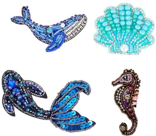 NBEADS 4 Stück 4 Stile Ozeantiere Bestickte Strassapplikation, Ozean Leben Muschel Seestern Aufnäher Stickerei Patches Für DIY Handwerk Party Kleid Kostüm Jeans Schuhe Tasche Hut Dekor