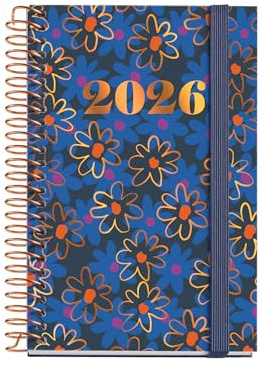 Miquelrius - Veckovisningskalender 2026, liten och bärbar (80 x 120 mm), veckoplanering, hårt kartongomslag, spiral, elastisk gummiförslutning, papper 80 g/m², CAT-EN-PT, Daisies