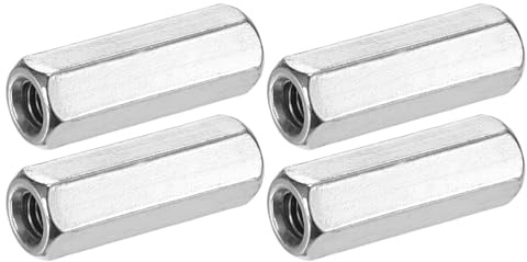 M METERXITY 4-Pack M6 x 1-Pitch Hex Coupling Nuts, 30mm Length | Fully Threaded Rod, 304 Stainless Steel, for Machine, Industrial, Studding Connector Fasteners, Silver Tone