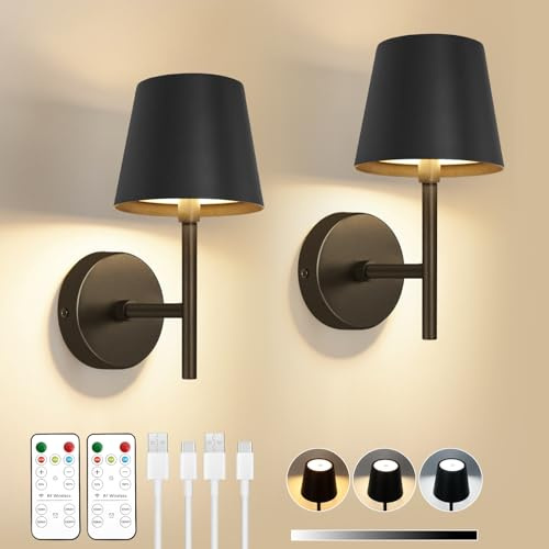 Dehobo Rechargeable Wall Lights Set of 2, Battery Operated Wall Lights | 5200mAh Metal LED Wireless Wall Lamps Dimmable 3 Colors with Remote, for Bedroom, Dining, Hallway, Staircase, Black