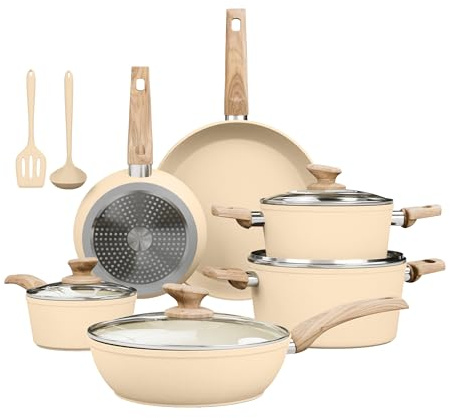 Kitchen Academy Induction Hob Pots and Pans Set Non Stick, Beige | 12Pcs Granite Nonstick Kitchen Cookware Set, PFOA & PFAS Free