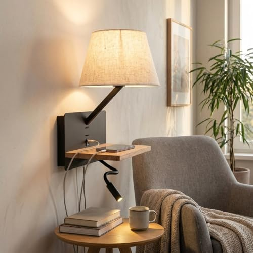 BARCELONA LED Applique murale de lecture “Artin USB+USBC” avec abat-jour E27, spot LED orientable 3W, étagère en bois et design moderne pour chambre, tête de lit et hôtels, Noir