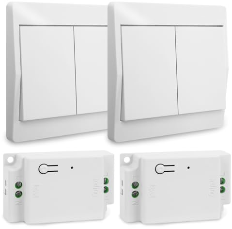 Interruptor Inalámbrico Sin Pilas, Kit Conmutador de Luz Autoalimentado Cinético con Receptor 10A 230V, Mando a Distancia 433MHz para LED, Sin Cables, Sin Obras (2 Receptores + 2 Interruptores Dobles)