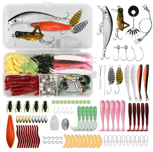 105 pcs Angeln Köder gemischt Set, Köderbox mit Gummifische,Stahlvorfach Hecht,Wobblern Spinnerbaits,Angelhaken,Barsch köder,VIB-Köder, etc. Angelzubehör für Süßwasser- und Salzwasserfische