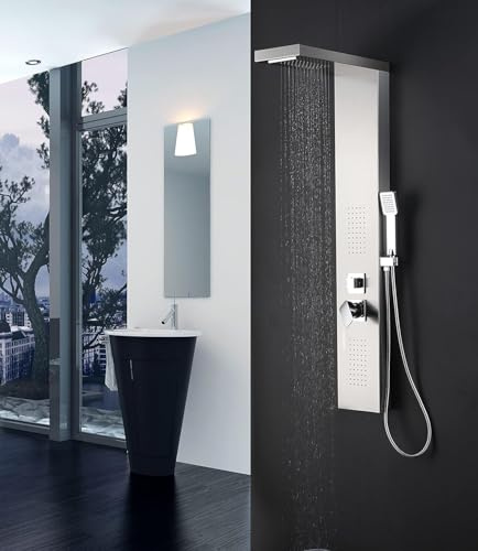 Elbe Panel de ducha de acero inoxidable para montaje en esquina, 4 funciones con ducha de lluvia, juego de ducha con ducha de mano, ducha de lluvia, 2 ducha de masaje, ducha cascada, grifo de ducha