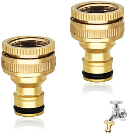 2 Pcs Brass Hose Connector,Garden Hose Tap Connector Hose Pipe for Outside,2-in-1 Hosepipe Connectors and Fittings,3/4 Inch & 1/2 Inch Female Threaded Hose End Quick Connect Faucet Adapter Kit