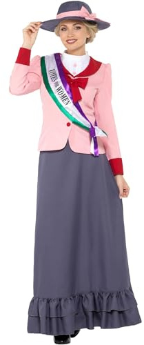 Smiffys Deluxe Viktorianisches Suffragette-Kostüm, Grau & Rosa mit Kleid, Schärpe & Hut, historische Verkleidung, Erwachsene Dress Up Kostüme