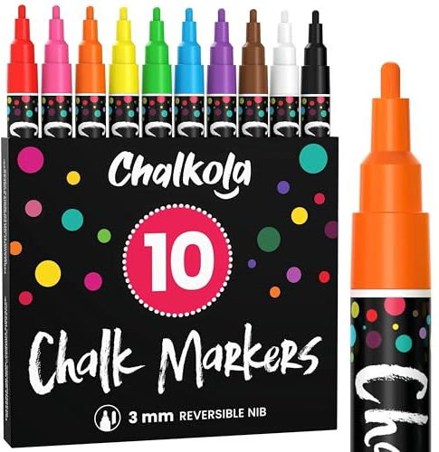 Chalkola Kreidestifte für Tafel Abwaschbar, 10 Kreidestift Neon 3mm Umkehrbare Spitze kreidemarker - Kreidestifte für Fenster, tafelstifte, Glasstifte - Chalk markers für Erwachsene & Kinder