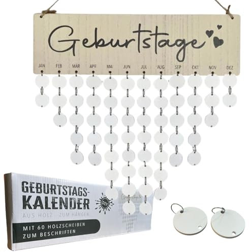 Bada Bing DIY Geburtstagskalender mit 60 Holz Scheiben zum Beschriften - Jahresunabhängiger Familienkalender Dekoration zum Aufhängen Wandkalender Geburtstag mit Holzscheiben Individuell gestaltbar