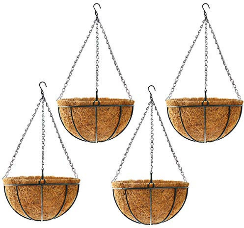 TOOCMEUK Cesta colgante para plantas (paquete de 4, 14 pulgadas), cesta colgante redonda de alambre de metal con forro de fibra de coco para plantas, macetas de interior y exterior, jardín, porche y