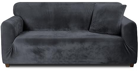 Teynewer Thick Velvet Sofa Covers 1 2 3 4 Seater High Stretch Non-Slip Couch Cover Furniture Protector Plush Sofa Slipcovers with 1 pillowcase for Living Room Dogs Cat Pet (3 Seater, Dark Grey)