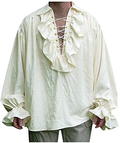 JJPAR Chemise Gothique pour Hommes Steampunk Collier et Lacet Avant Costume Pirate Homme Sweat-Shirt Manches Longues pour Chevalier Medieval Pull Manteau de Marche Victorien Cosplay