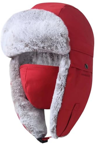 GADIEMKENSD Winter Trapper Hat for Men Warm Russian Ushanka for Women Snow Skiing Hunting Trooper Hat with Ear Flaps Chin Strap Windproof Mask Faux Fur Aviator Warm Hat Cold Weather Caps Red XL