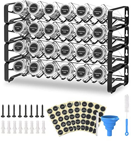 Mutool Spice Rack with Jars 4 Tiers Spice Racks Freestanding Spice Jars with Lids and Labels Spice Rack Wall Mounted with 24pc Glass Jars 80pc Labels 1 Pen 1 Funnel and 1 Brush（Black）