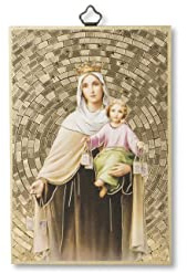 Fratelli Bonella | Cuadro sagrado sobre madera MDF de chopo de 8 mm con mosaico de lámina dorada de la Virgen del Carmen con oración en la parte posterior 10 x 15 cm | Fabricado en Italia