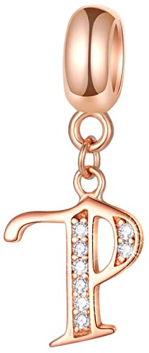 Perles de alphabet de charms lettre P en or rose pour bracelets de style pandora, pendentif collier de pierre de naissance initiale P en argent sterling 925, cadeaux pour fête/parents/fête des mères