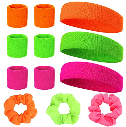 Neon 80er Schweißband Set – 9-teiliges Jahr-Schweißband für Stirn, Handgelenk und 3 Stück fluoreszierende Haargummis – Retro Party-Accessoires für Damen und Herren in 3 Farben