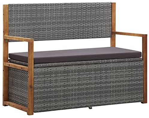 Gecheer Bank mit Stauraum 110 cm Poly Rattan Massivholz Akazie Grau Sitzbank Gartenbank Gartentruhe Truhenbank Kissentruhe Kissenbox