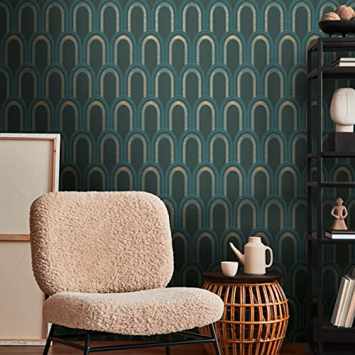 Tapet Art Deco Petrol blå guld metallisk – Arkitekts papper Arcade 391763 – fibertapet retro – 10,05 m x 0,53 m tillverkad i Tyskland