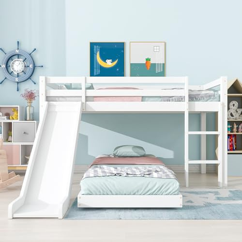 Merax Bunk Bed for Kids with Adjustable Ladder, Children's Cabin Bed with Adjustable Lower Level, White Wood Loft Bed Frame, No Mattress (190x90cm+200x90cm)