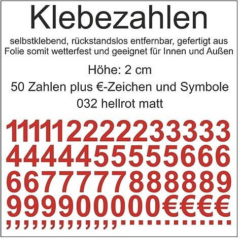 Aufkleber Sticker Klebezahlen Klebezahl Zahlen Zahl Nummern aus Folie 50 Zahlen rot hellrot matt Höhe 2 cm selbstklebend wetterfest Nummerierung Preisauszeichnung Beschriftung Modellbau verzieren