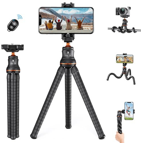 K&F CONCEPT Flexible Tripod, Mini Flexible Tripod for Camera with Bluetooth Remote, 1/4'' Screw Hidden Phone Holder with Cold Shoe Mount, 3kg Load Capacity
