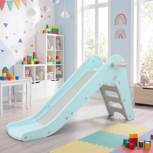 MAMIZO Freestanding Toddler Slide, 2 in 1 Large Ladder and Extend Slope Slide, with Basketball Hoop & Ball, Indoor/Outdoor Garden Play Equipment for 3 Years+ (Robin Egg Blue)