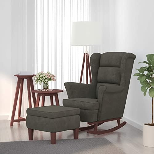 Gecheer Sillón Balancín de Terciopelo, Gris Oscuro y Madera, con Reposapiés y Reposabrazos Cómodos, Ideal para Relajación y Lectura, Estilo Clásico, 100% Poliéster y Madera Maciza de Hevea