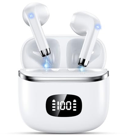 Wireless Bluetooth Headphones, Bluetooth 5.3 Earphones with ENC Reduction Headset, 40 Hours Playtime with LED Display, Hi-Fi Stereo Sound, IP7 Waterproof, Touch Control Bluetooth Headset, White