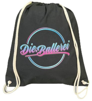 DieBallerei Turnbeutel Rucksack aus schwarzer Baumwolle mit großem Die.Ballerei Logo