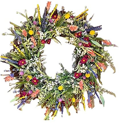 Spring Wreath, Artificial Spring Summer Wreath for Front Door, Colorful Wildflower Spring Summer Door Wreath Decorative Garland for Home Decor (40CM)