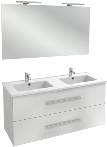 Jacob Delafon Meuble & Plan Ola Up, 120 cm, Miroir + 2 Spot, Blanc Brillant | Pack tout-en-1 avec meuble, plan céramique, miroir et spot LED intégré