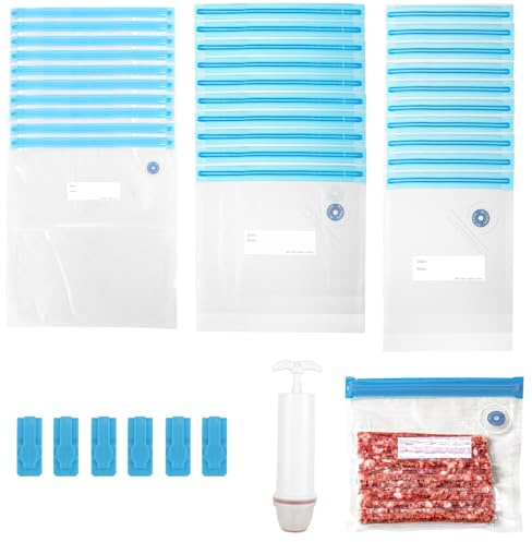 SHUESS 30x Vakuumbeutel Lebensmittel Set mit Pumpe - Wiederverwendbare Sous Vide Beutel in 3 Größen – Luftdichte Vakuumbeutel mit Verschlussclips für Filament Aufbewahrung und Gefrierlagerung