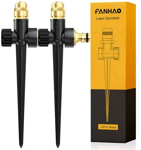 FANHAO 2 Irrigatori automatici da giardino in 100% metallo per cortile,con base a punta, bocchetta regolabile in ottone,copertura a 360 gradi per l'irrigazione di prato,patio e Giardino