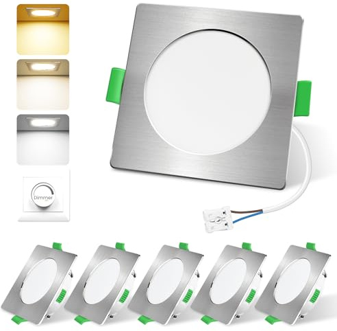 ALUSSO LED Einbaustrahler 230V, 55-68mm IP44 Deckenspots Einbauleuchten | 4W 310lm 3CCT, Dimmbar, 3000K Warmweiß 4000K Neutralweiß 6500K Kaltweiß für Badezimmer Küche, Eckig Nickel, 6er Set