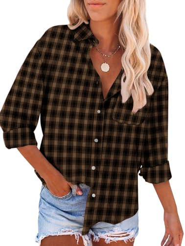 YUTILA Damen Kariertes Hemdbluse Langarm V-Ausschnitt Freizeithemd Lockere Bluse Karohemd Oberteil mit Tasche