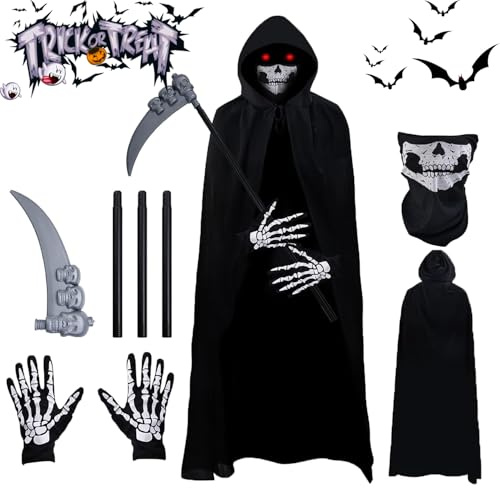 Aicerous® Déguisement Faucheuse pour adultes et enfants, Halloween Cape Faucheuse Noire, Costume Faucheuse avec Faux, Masque Crâne, Gants, pour la Halloween, Cosplay, Carnaval (A, adulte)