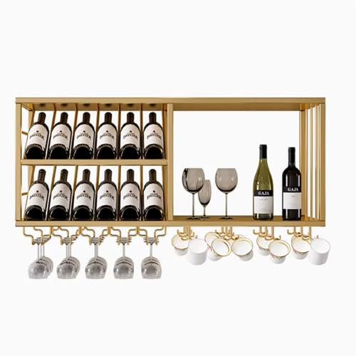 Weinregal Wand Metall Flaschenregal Schmal Wine Rack Bar Regal Wand Weinschrank Hausbar Schmal Barschrank mit Weinglashalter Weinständer Getränke Regal Mini Bar für Bartheke Wohnzimmer Küche(Gold,150c