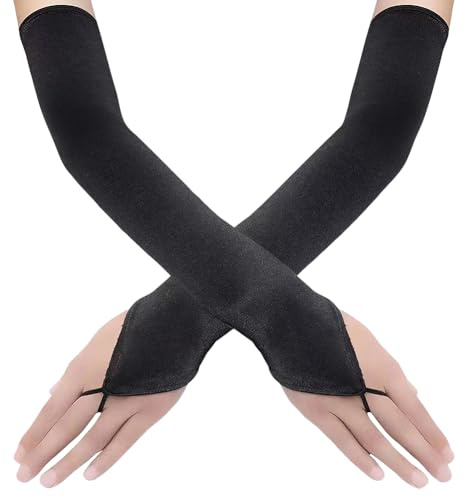 FSSTUD 50cm Long Satin Fingerless Gloves Elbow Length Gloves Opera Evening Party Gloves Dress up Costume Gloves with Loop Strap Black