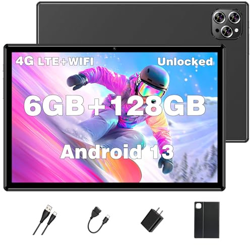 Octa-Core Tablette Android 13 débloquée avec fente pour carte SIM, 128 Go de ROM + 6 Go de RAM, appareil photo 5 MP + 13 MP/GPS WiFi 5G/BT/6000 mAh/écran IPS 1280 x 800 avec étui (Noir)