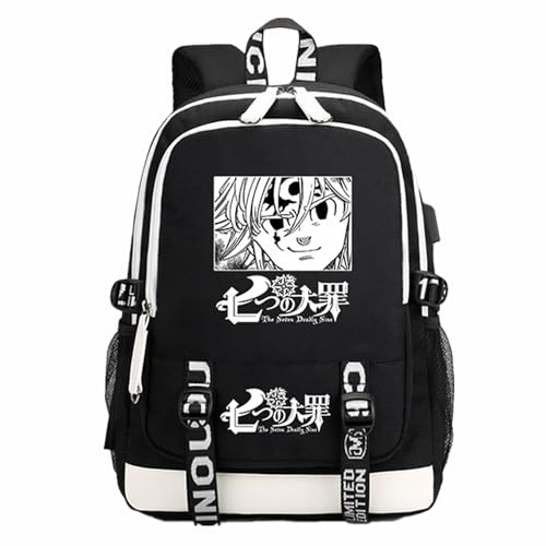 Charous Anime The Seven Deadly Sins svart Oxford ryggsäck multifunktionell skolväska för Manga Meliodas cosplay gåva, Svart 1, en storlek