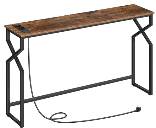 MAHANCRIS Meuble Console, Table d’Entrée de 114 cm de Long, avec multiprise et Ports USB, Bout de Canapé étroit, Cadre métallique, pour entrée, Couloir, Salon, Marron Rustique ACTHR113UE01