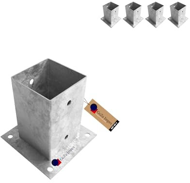 GeZu Impex Base de Poste 91 x 91 mm Galvanizado por Inmersión en Caliente Juego de 4 Soportes para Cercas Portador de Cubierta Base para Pérgola Pabellón Zapata de Anclaje